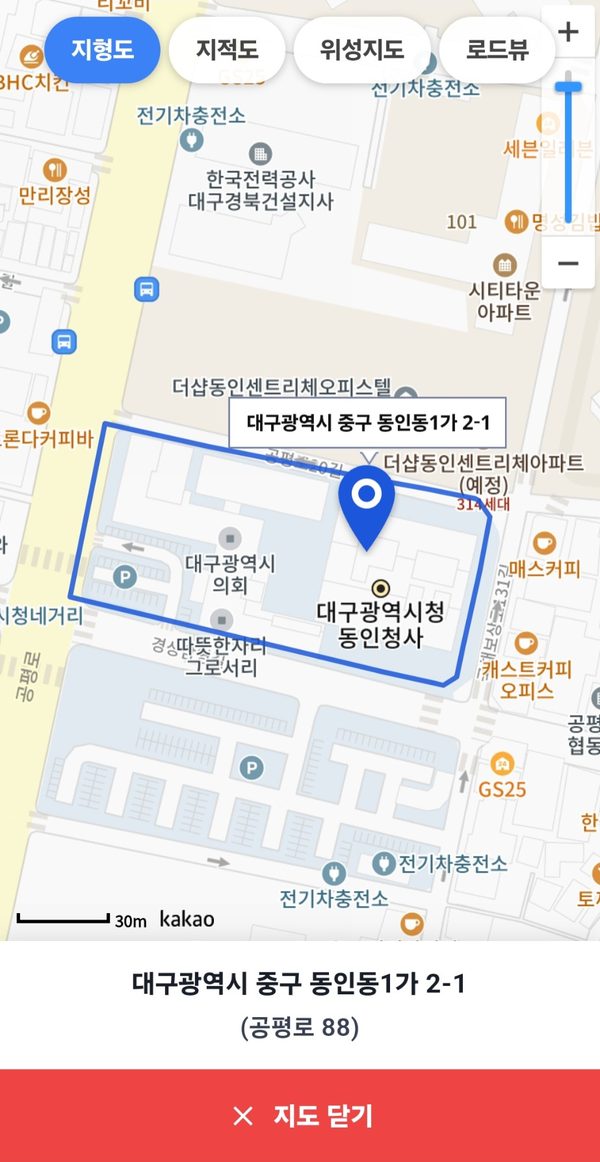 땅집비서 지도 화면 — 필지 경계를 지형도·지적도·위성지도·로드뷰로 확인